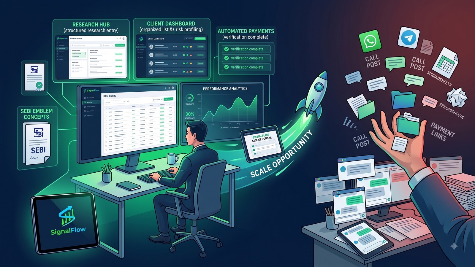 From fragmented chat-based operations to a structured SignalFlow SaaS dashboard, with SEBI-aligned client workflows and automated payments.
